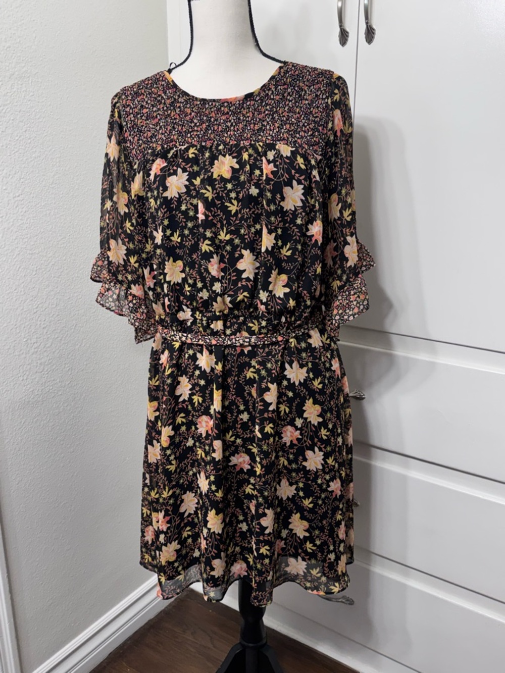 LC Lauren Conrad Black Floral Mini Dress with Pink & Cream Blooms